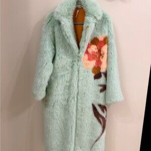 Free People Light Green Teddy Jacket with Floral Design